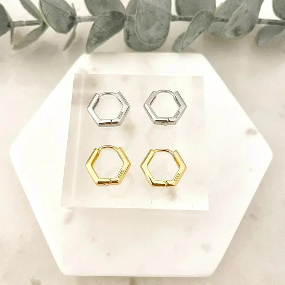 925 Sterling Silver Hexagon Stud Earrings Huggie Hoop Earrings Hexagon Hoops - Picture 5 of 5